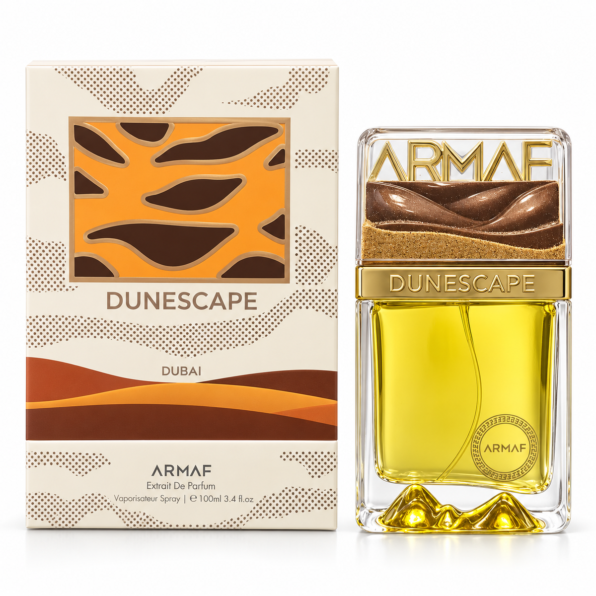 Armaf Dunescape Dubai Extrait de Parfum 100 ml bottle and box on a white background