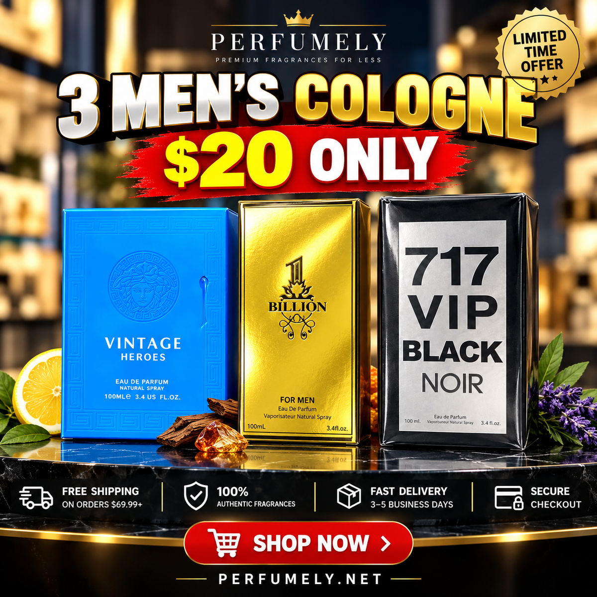 Vintage Heroes, 1 Billion and 717 VIP Black Noir — 3 men's cologne bundle for $20