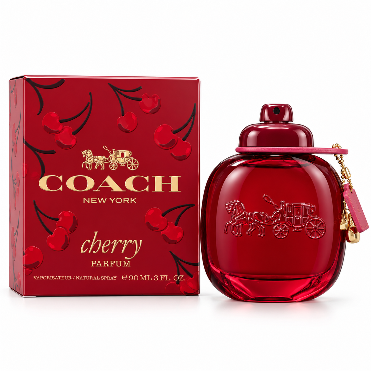 Coach New York Cherry Parfum 90 ml bottle and box on a white background