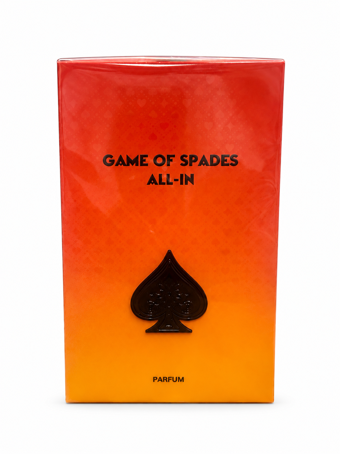 Game of Spades All-In Parfum orange box on a white background