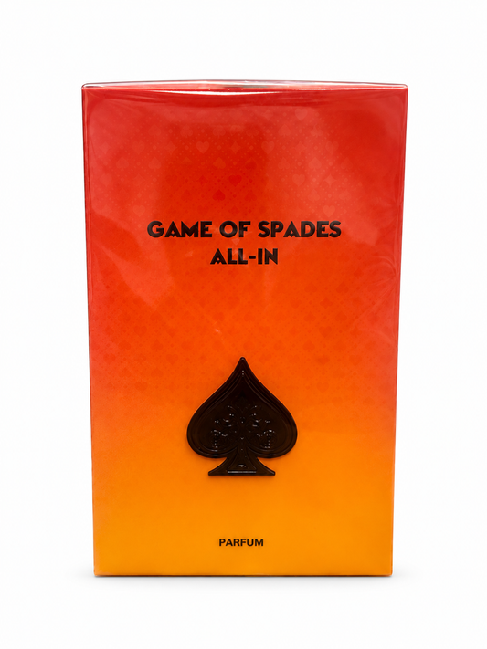 Game of Spades All-In Parfum orange box on a white background