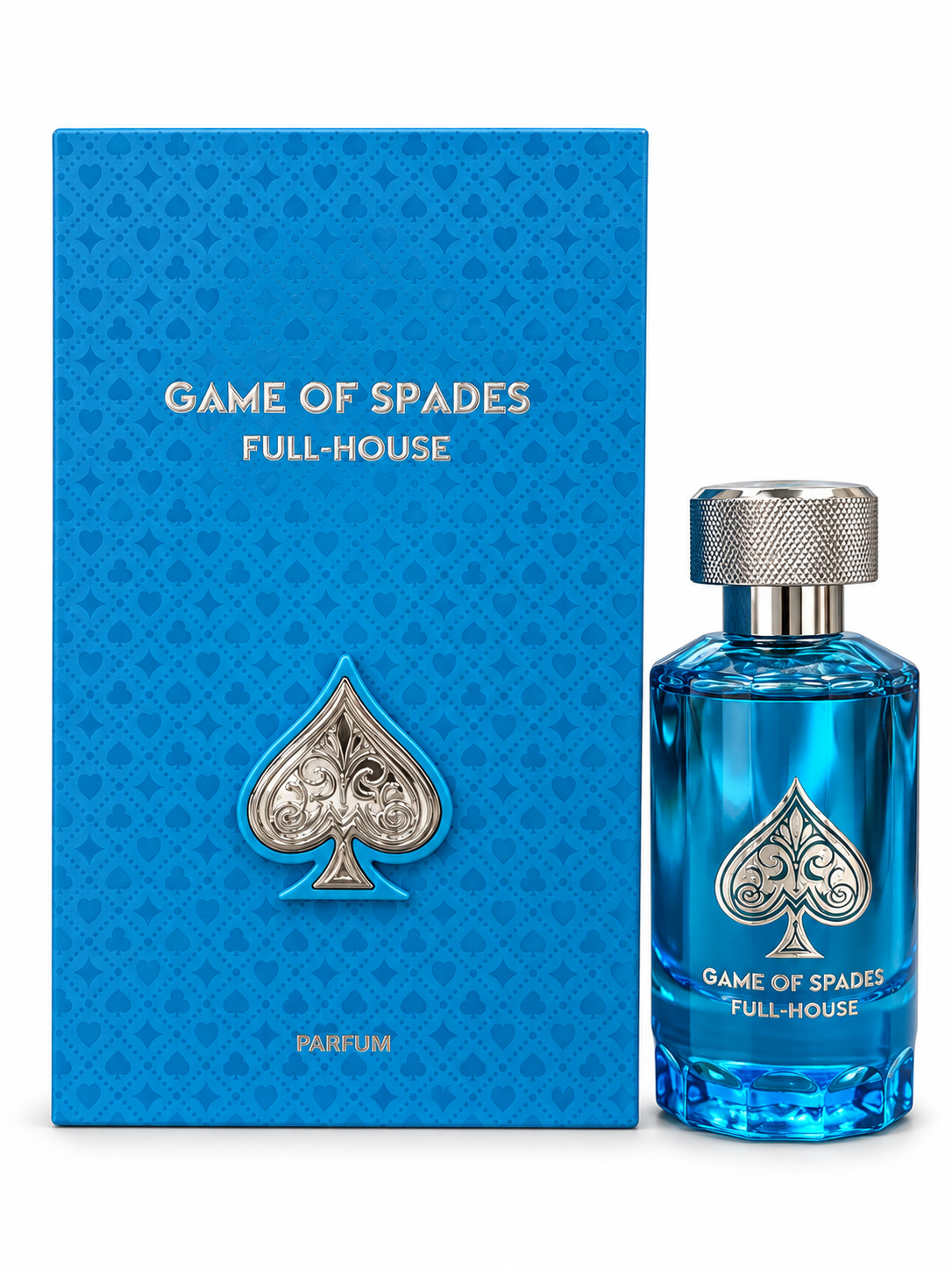 Game of Spades Full House blue perfume bottle and box on white background