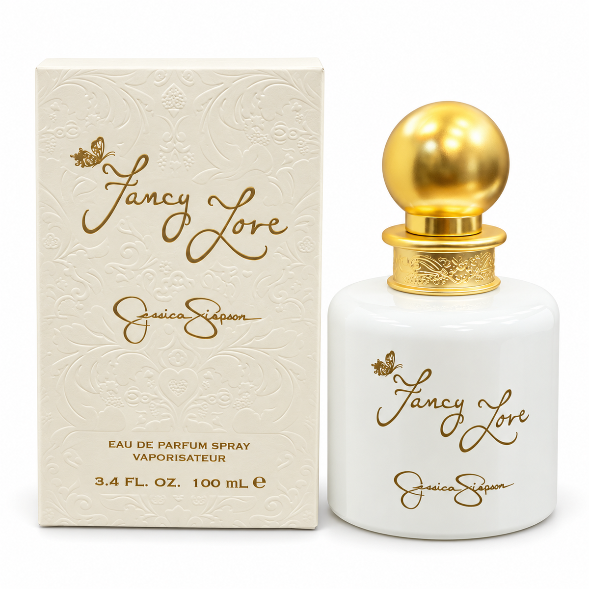 Jessica Simpson Fancy Love 100 ml perfume bottle and box on white