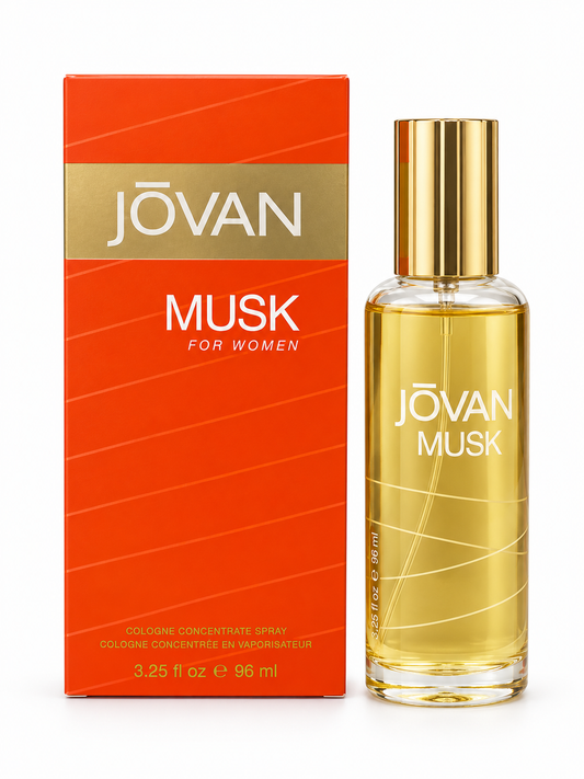 Jovan Musk for Women Cologne Concentrate Spray 3.25 oz bottle and box on white background