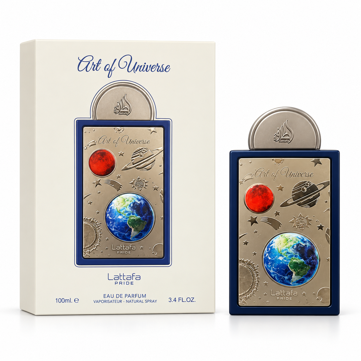 Lattafa Pride Art of Universe Eau de Parfum 100 ml bottle and box on a white background