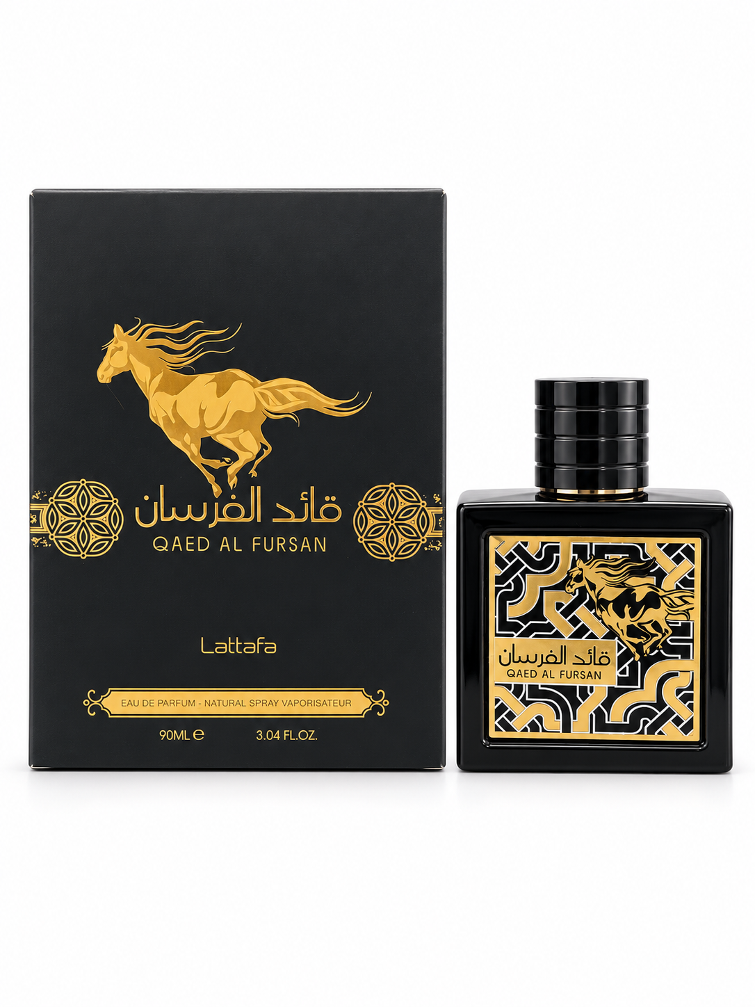 Lattafa Qaed Al Fursan Eau de Parfum 90 ml bottle and box