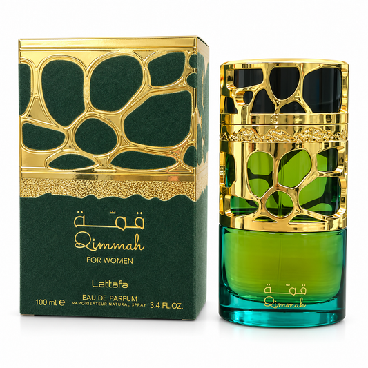 Lattafa Qimmah for Women 100 ml perfume bottle and box on white