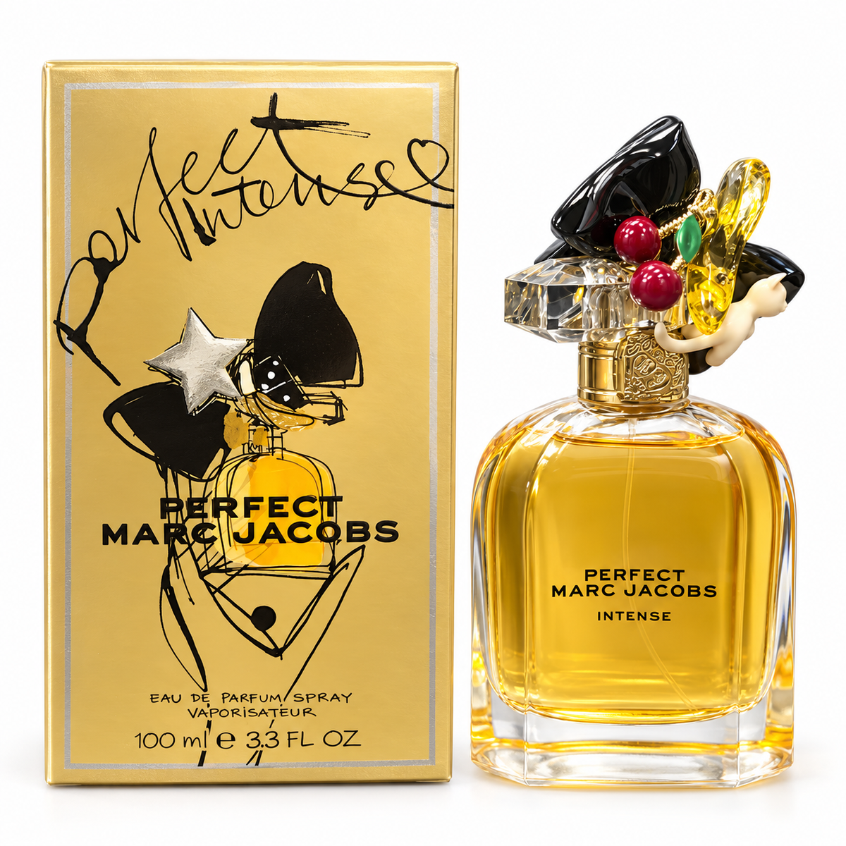 Marc Jacobs Perfect Intense Eau de Parfum 100 ml bottle and box on a white background