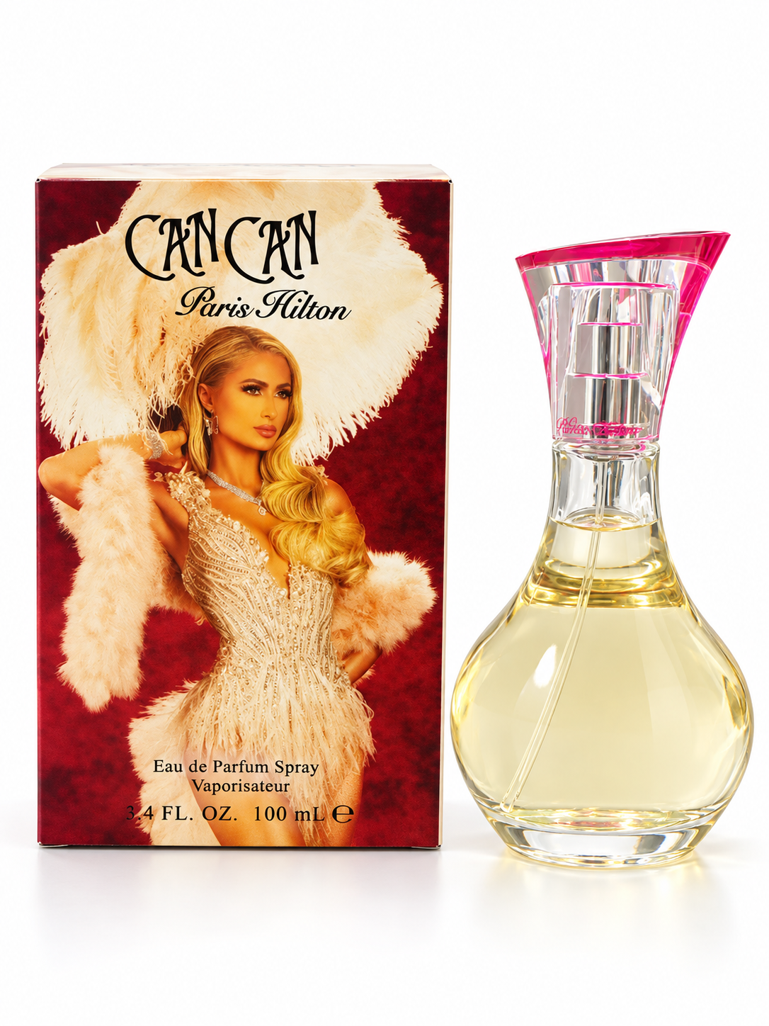 Paris Hilton Can Can Eau de Parfum for Women 3.4 oz bottle and box on white background