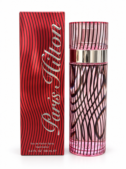 Paris Hilton for Women Eau de Parfum Spray 3.4 oz pink striped bottle and red box on white background