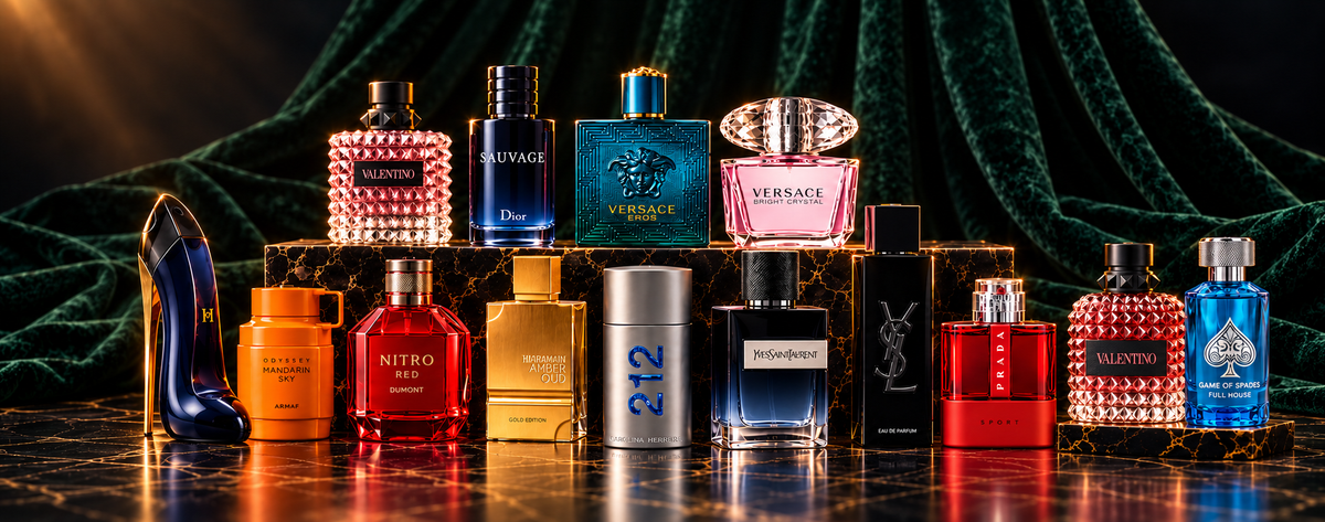 Perfumely fragrance collection featuring fourteen designer and Arabic perfumes on emerald velvet and dark marble