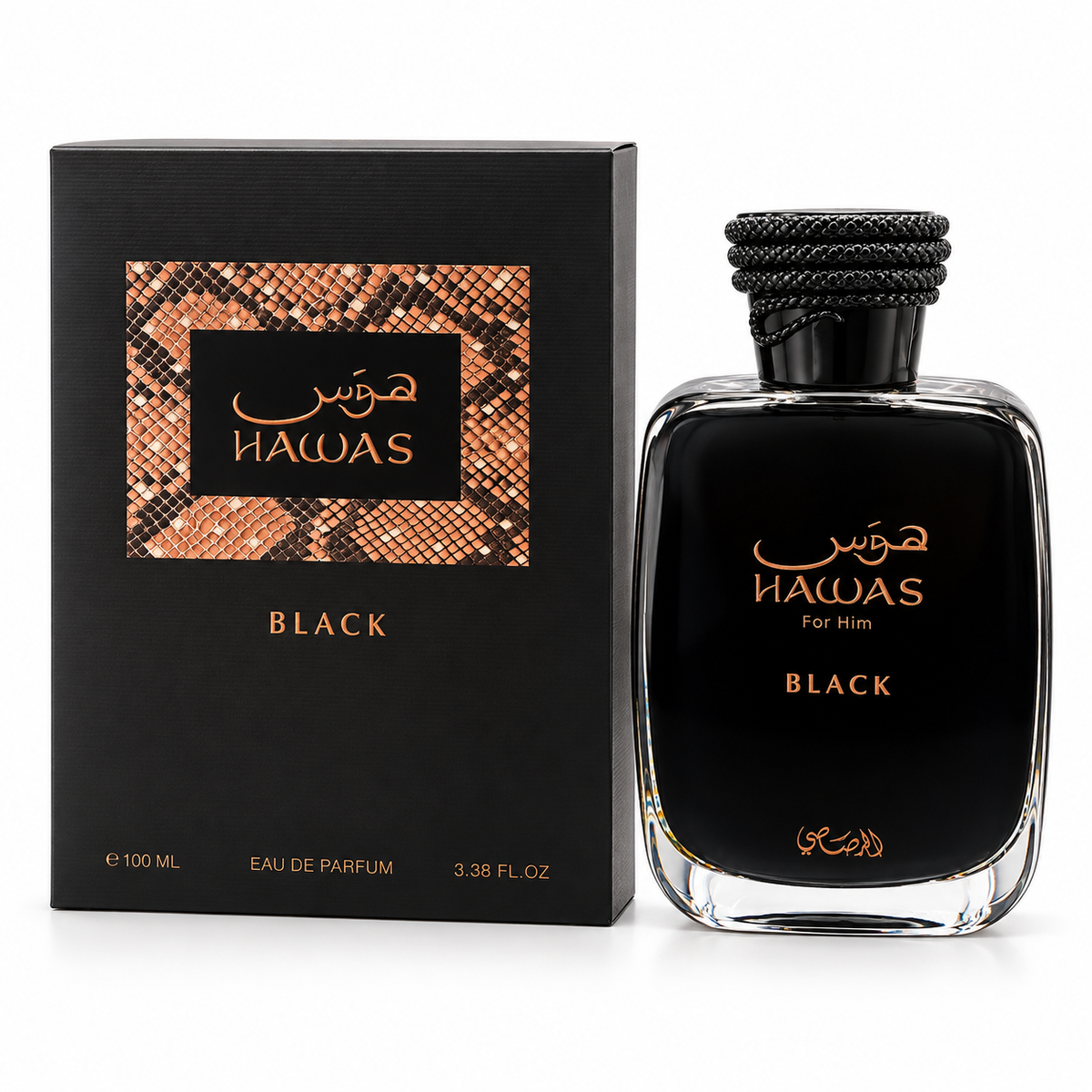 Rasasi Hawas Black for Him 100 ml bottle and box on white background