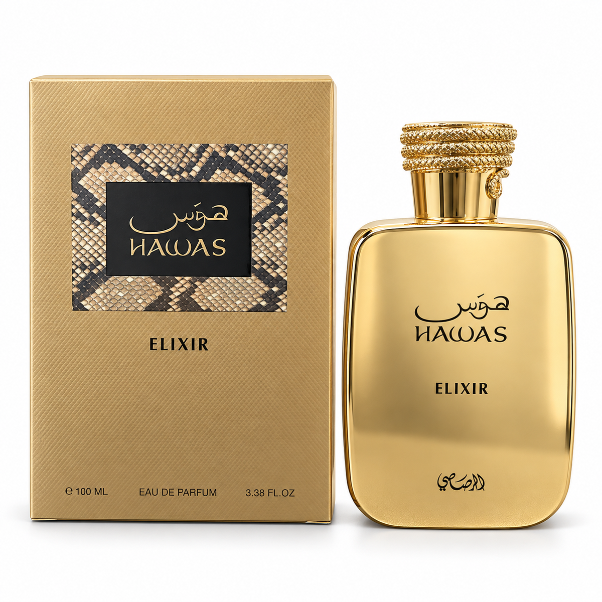Rasasi Hawas Elixir 100 ml bottle and box on white background