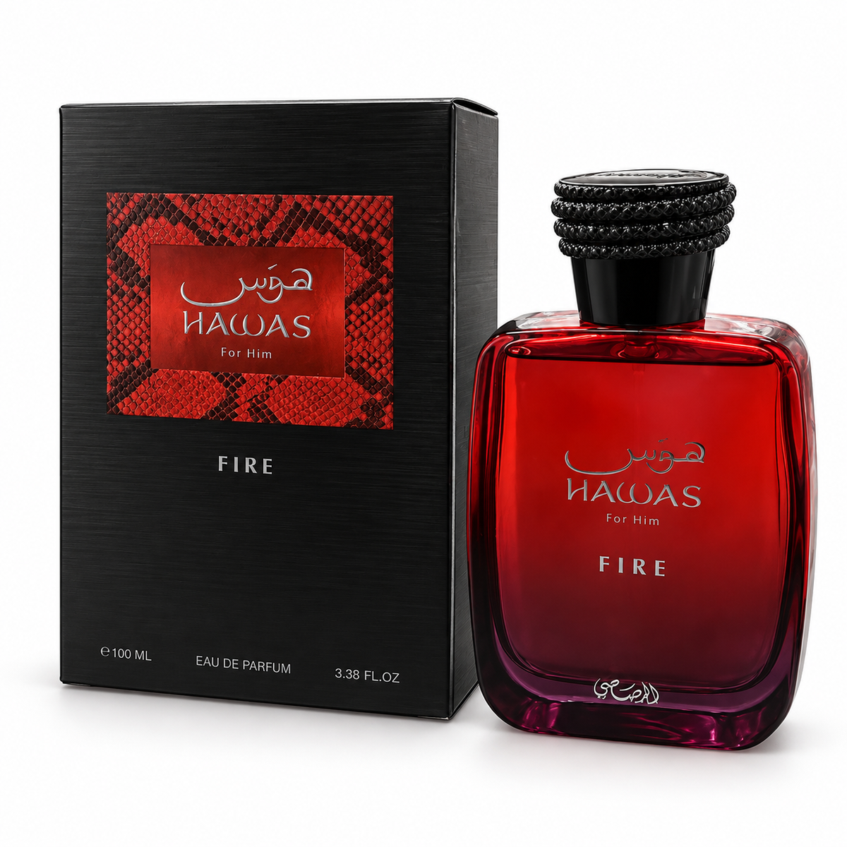 Rasasi Hawas Fire for Him 100 ml bottle and box on white background
