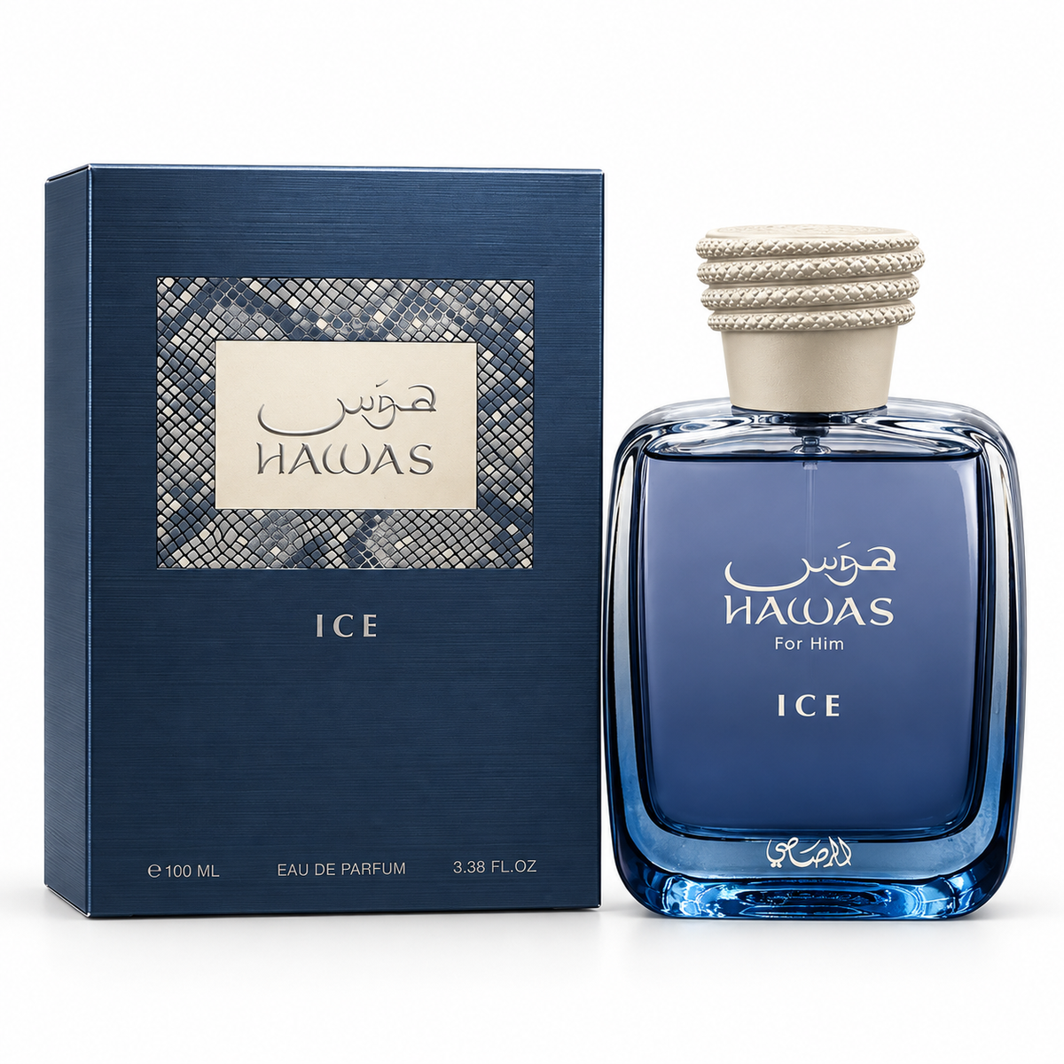 Rasasi Hawas Ice Eau de Parfum for Him 100 ml bottle and box on white background