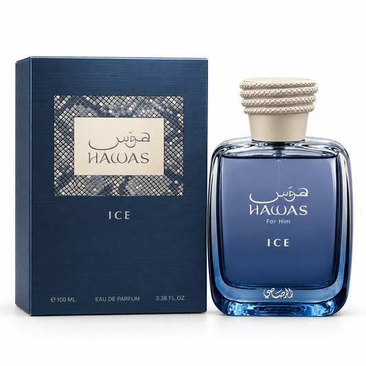 Rasasi Hawas Ice Eau de Parfum for Him 100 ml bottle and box on white background