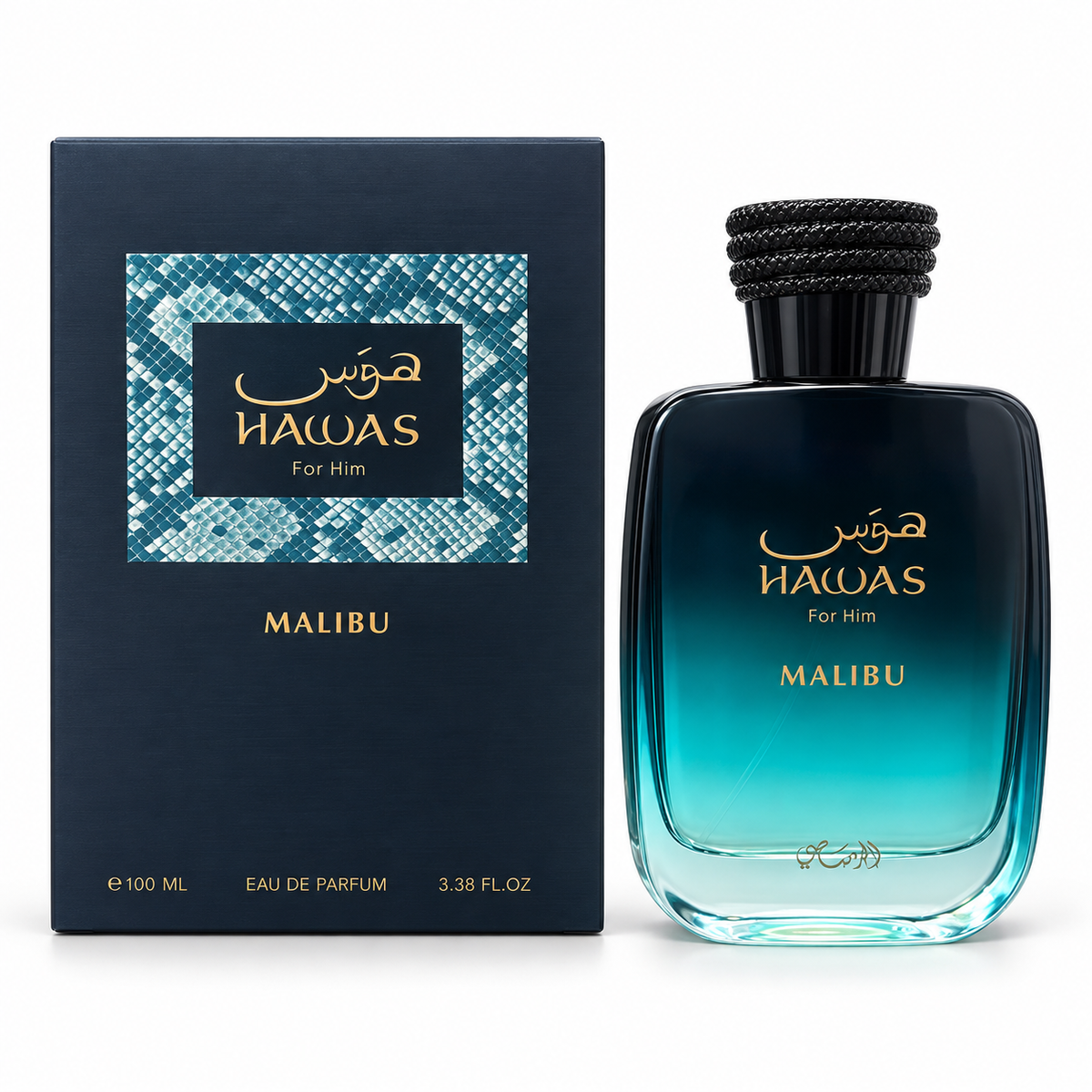 Rasasi Hawas Malibu 100 ml bottle and box on white background