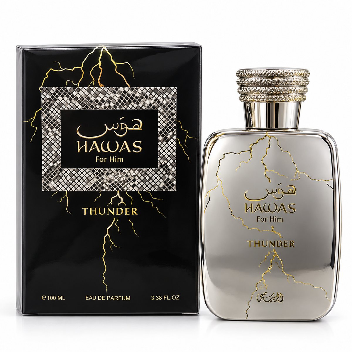 Rasasi Hawas Thunder 100 ml bottle and box on white background