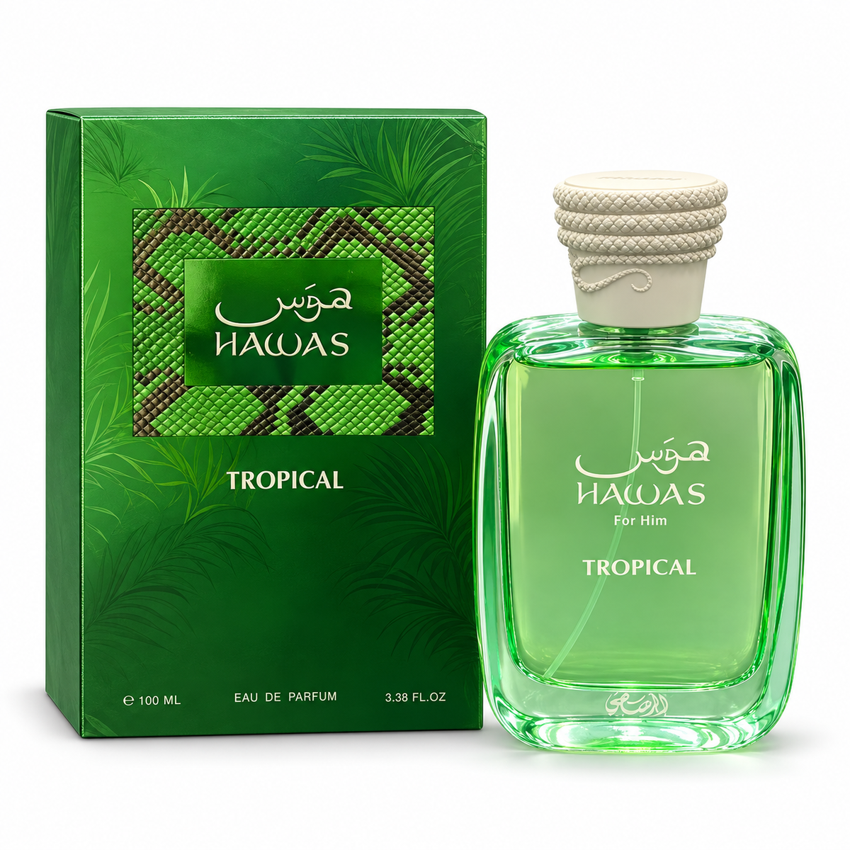 Rasasi Hawas Tropical 100 ml bottle and box on white background