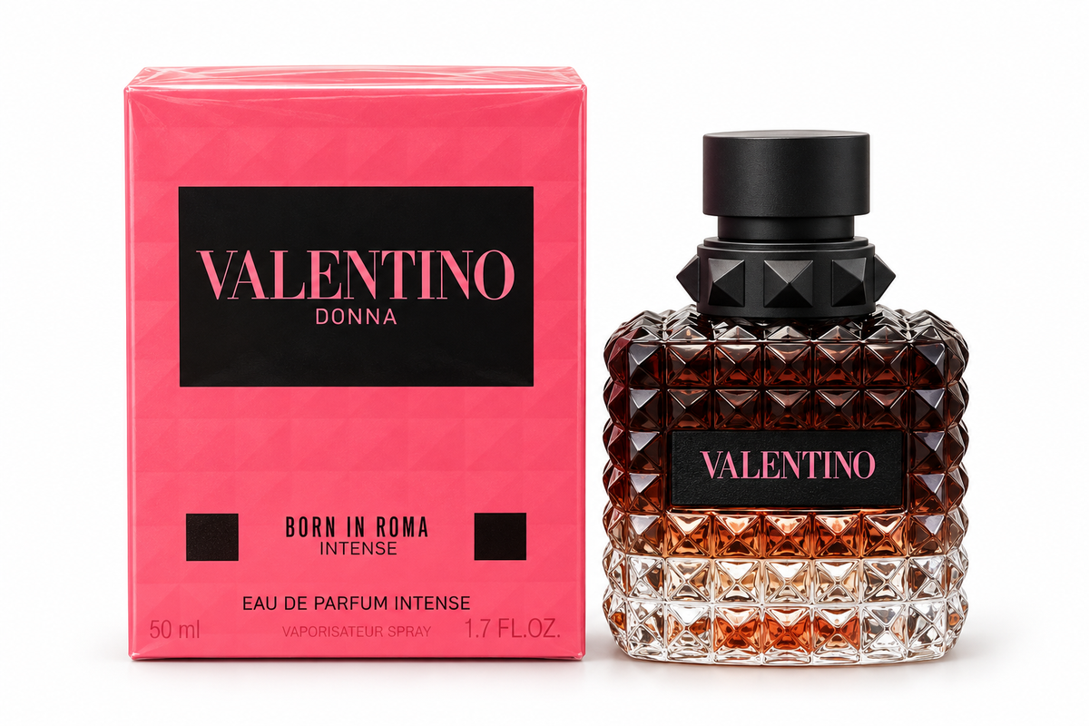Valentino Donna Born in Roma Intense Eau de Parfum 1.7 oz bottle and box on white background