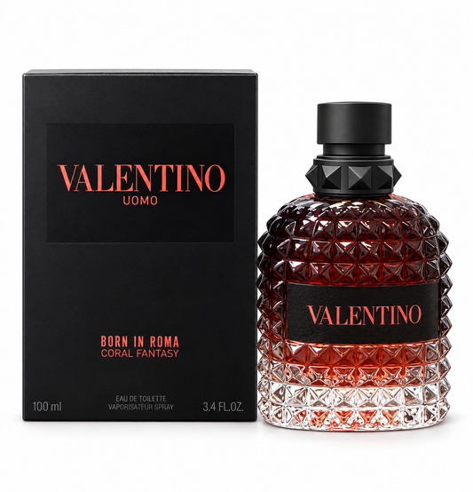 Valentino Uomo Born in Roma Coral Fantasy Eau de Toilette 3.4 oz bottle and box on white background