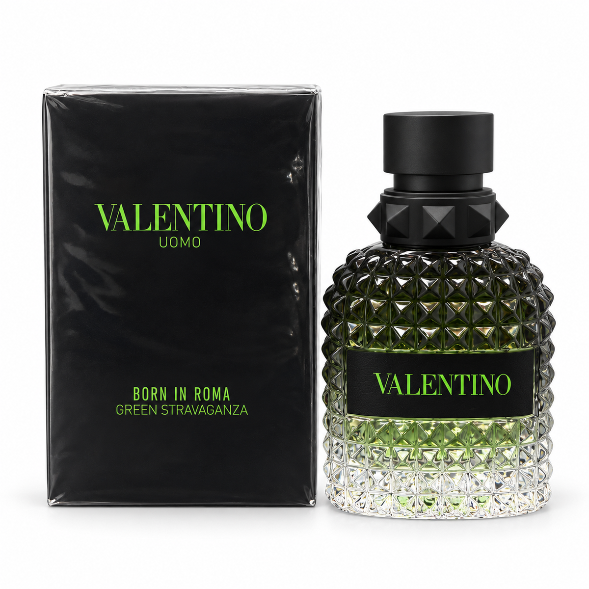 Valentino Uomo Born in Roma Green Stravaganza bottle and box on white background