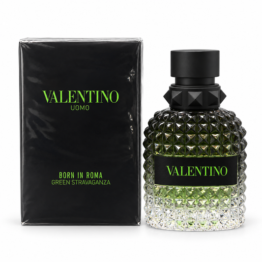 Valentino Uomo Born in Roma Green Stravaganza bottle and box on white background
