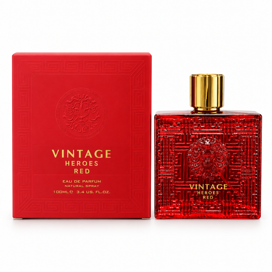 Vintage Heroes Red perfume bottle and box on white background